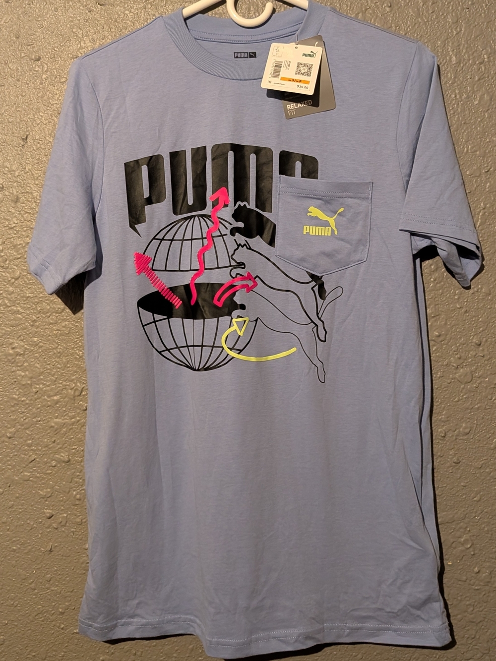 S Light Blue Purple Graphic Short Sleeve Tee with Neon Accents